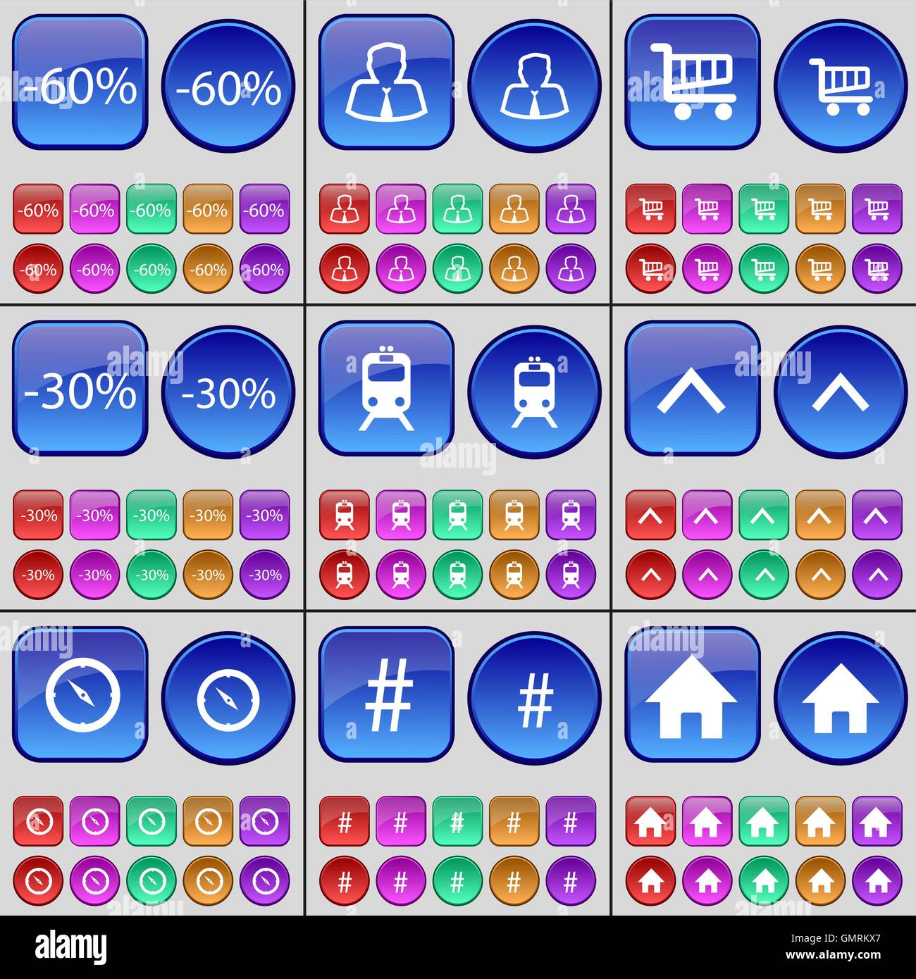 Discount, Avatar, Einkaufswagen, Rabatt, Zug, Pfeil nach oben, Kompass, Hashtag, Haus. Eine große Anzahl von bunten Tasten. Vecto Stock Vektor