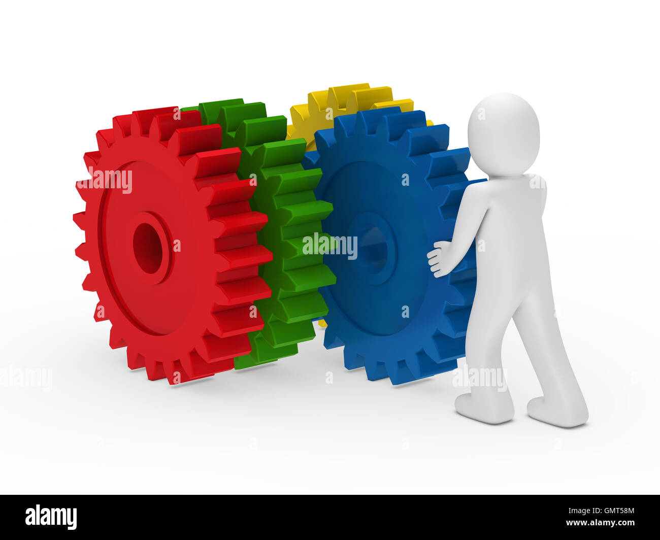 Mann Push bunte Getriebe Stockfoto Mann Push bunte Getriebe Stockfoto