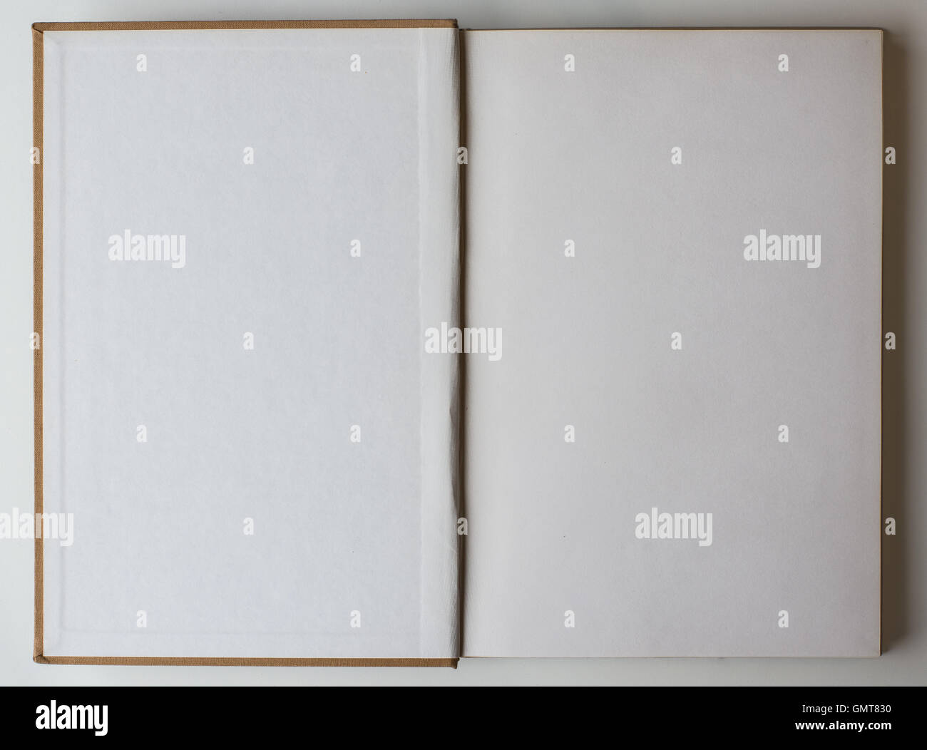 Altes Buch geöffnet, um die erste Seite zeigt leere Seiten im Inneren. Stockfoto