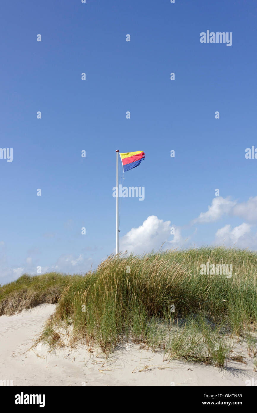 Flagge in den Dünen, Utersum, Insel Föhr, Nordfriesland, Schleswig-Holstein, Deutschland Stockfoto