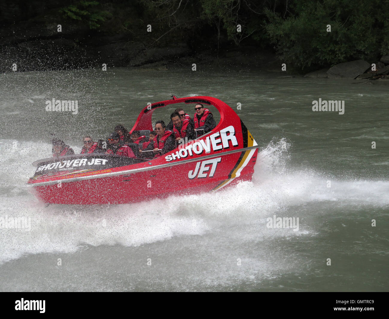 Mit dem Schnellboot in Otago, Neuseeland, Queenstown, Shotover Creek, Arthurs Point Stockfoto