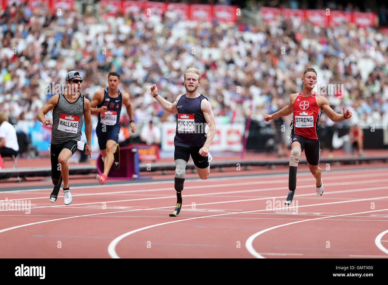 Jarryd WALLACE, Jonnie Pfau & Felix STRENG läuft in die Männer 100m T43/44, 2016 IPC Jubiläumsspiele, Queen Elizabeth Olympic Park, Stratford, London, UK. Stockfoto