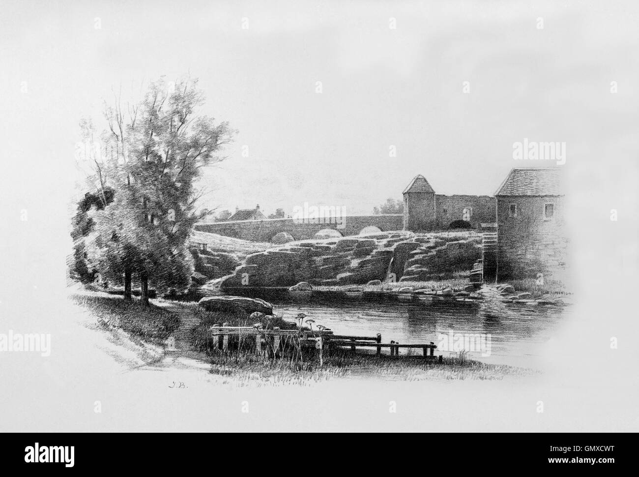 Preston-Mühle ist eine Wassermühle am Fluss Tyne am östlichen Rand von Osten Linton in East Lothian, Schottland, Vereinigtes Königreich. (Aus "Skizzen in East Lothian" von Thomas B. Blacklock... 1892) Stockfoto