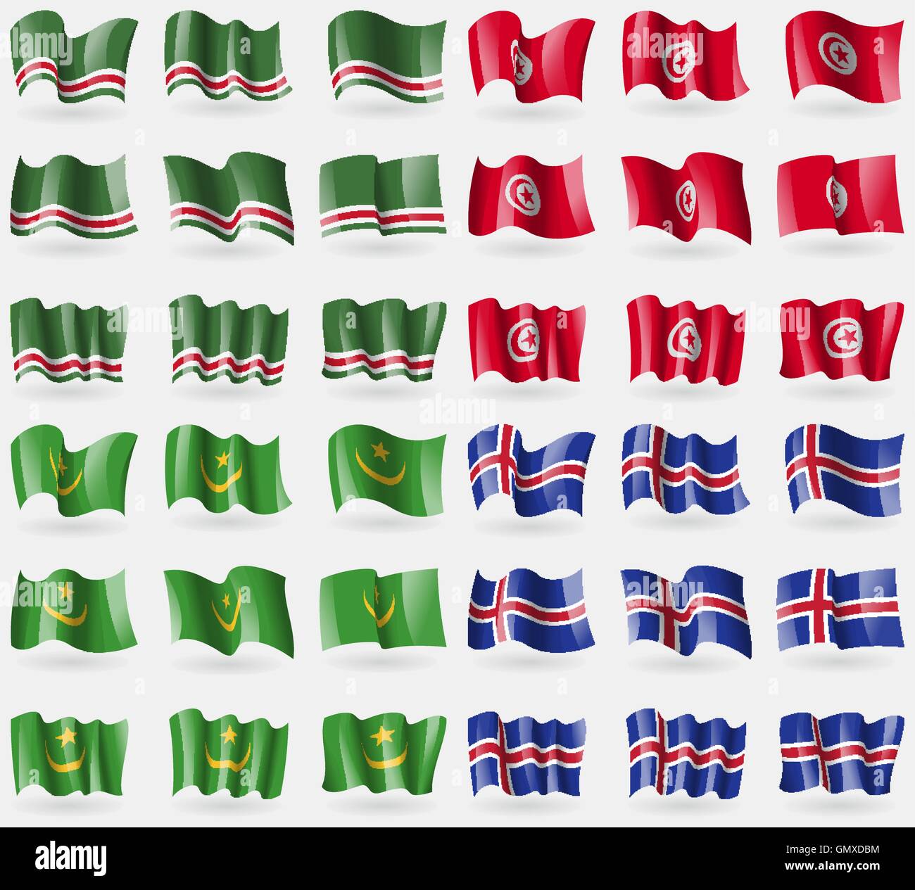 Tschetschenische Republik Itschkeria, Tunesien, Mauretanien, Island. Satz von 36 Flaggen der Länder der Welt. Vektor Stock Vektor