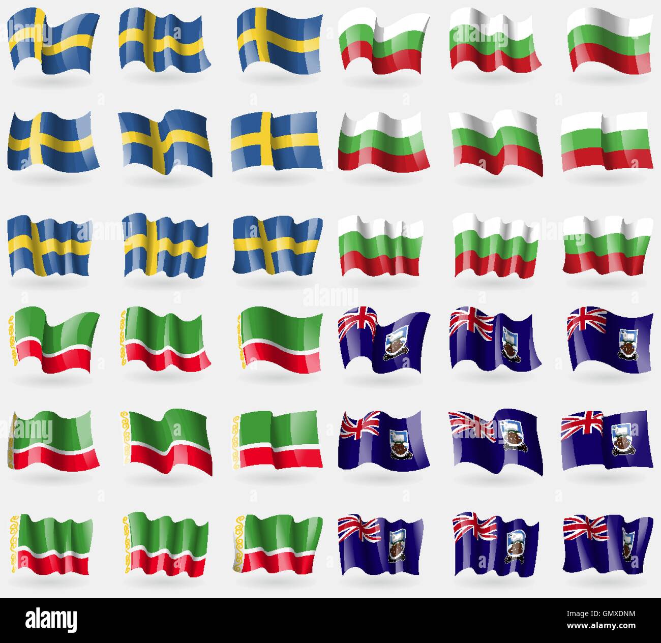 Schweden, Bulgarien, Republik Tschetschenien, Falkland-Inseln. Satz von 36 Flaggen der Länder der Welt. Vektor Stock Vektor