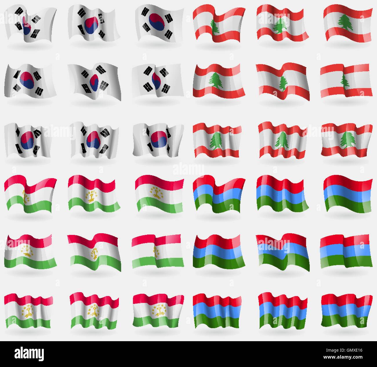 Korea Süd, Libanon, Tadschikistan, Karelien. Satz von 36 Flaggen der Länder der Welt. Vektor Stock Vektor