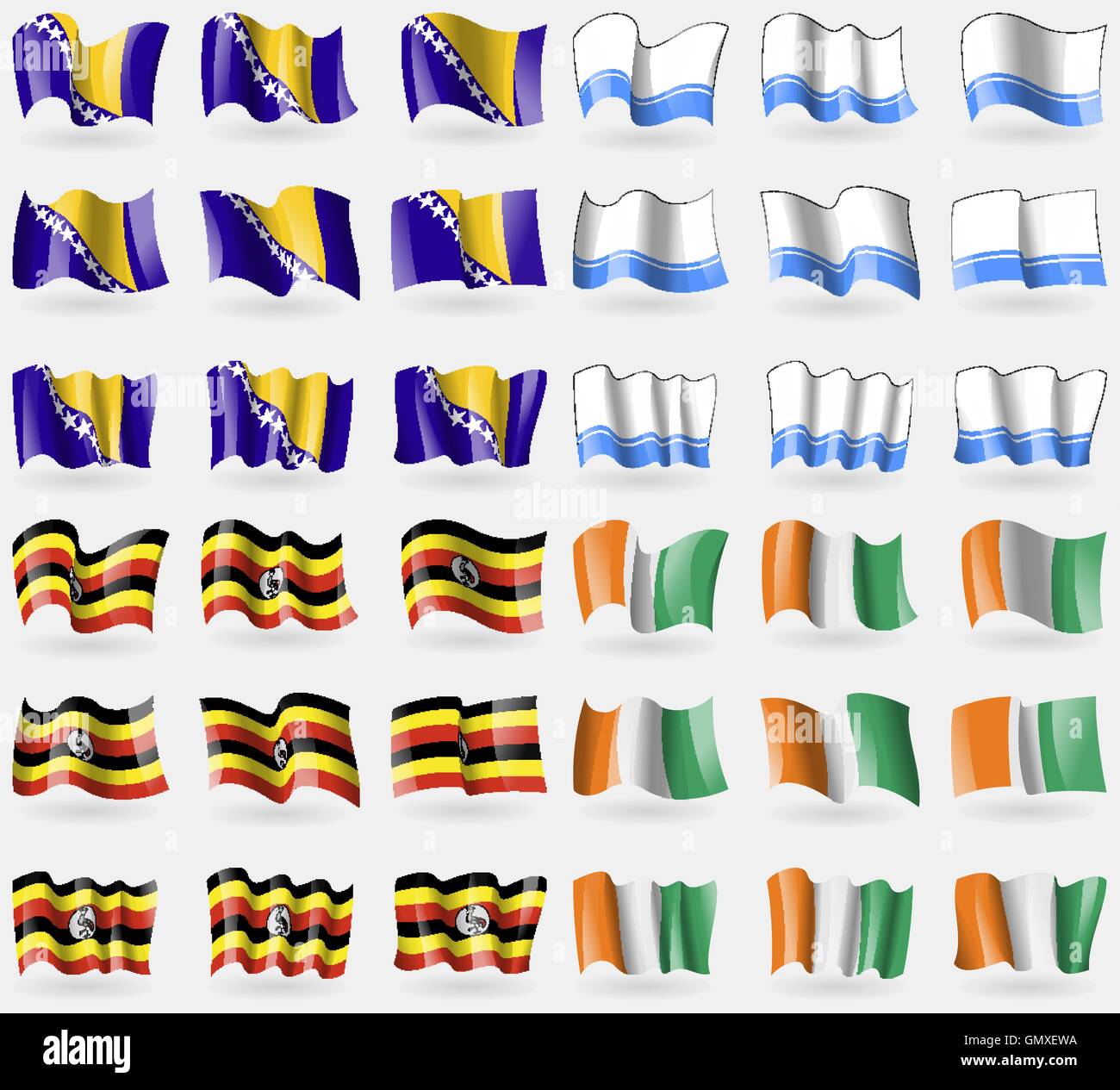 Bosnien und Herzegowina, Republik Altai, Uganda, Cote Divoire. Satz von 36 Flaggen der Länder der Welt. Vektor Stock Vektor