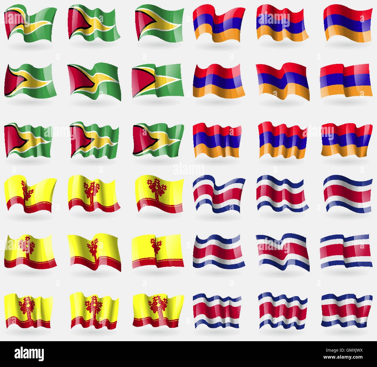 Guyana, Armenien, Tschuwaschien, Costa Rica. Satz von 36 Flaggen der Länder der Welt. Vektor Stock Vektor