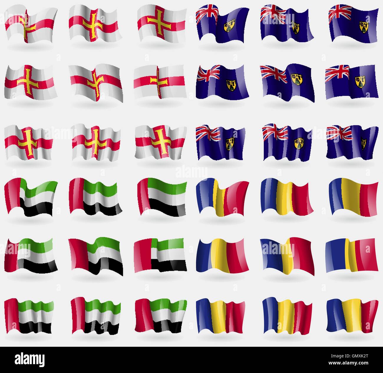Guernsey, Türken und Caicos, Vereinigte Arabische Emirate, Rumänien. Satz von 36 Flaggen der Länder der Welt. Vektor Stock Vektor