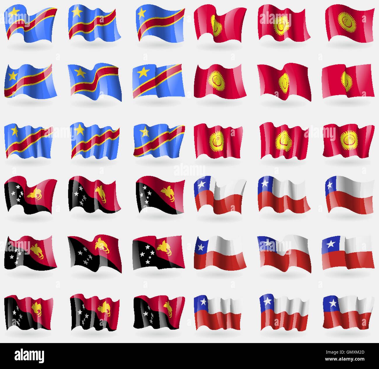 Kongo Demokratische Republik, Kirgisistan, Papua Neuguinea, Chile. Satz von 36 Flaggen der Länder der Welt. Vektor Stock Vektor