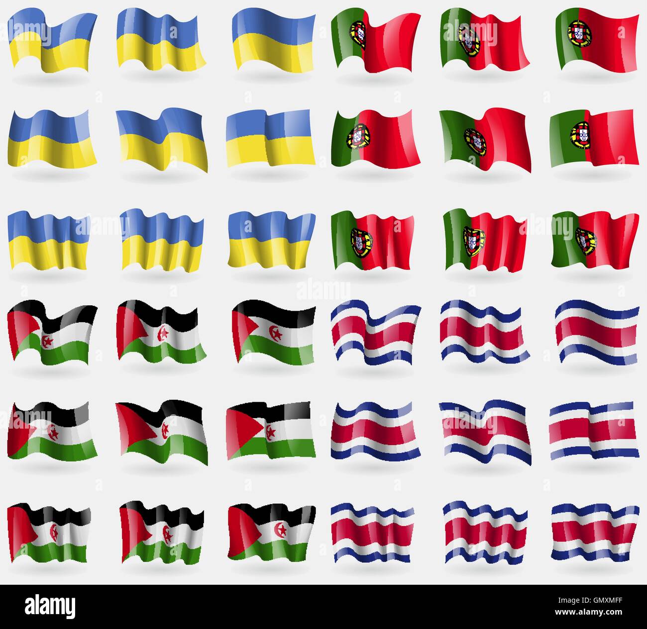 Ukraine, Portugal, Westsahara, Costa Rica. Satz von 36 Flaggen der Länder der Welt. Vektor Stock Vektor