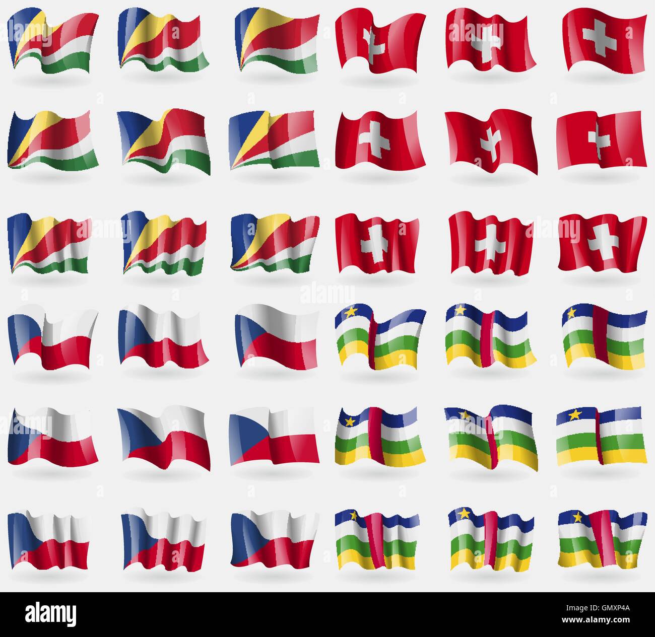 Seychellen, Schweiz, Tschechische Republik, Zentralafrikanische Republik. Satz von 36 Flaggen der Länder der Welt. Vektor Stock Vektor