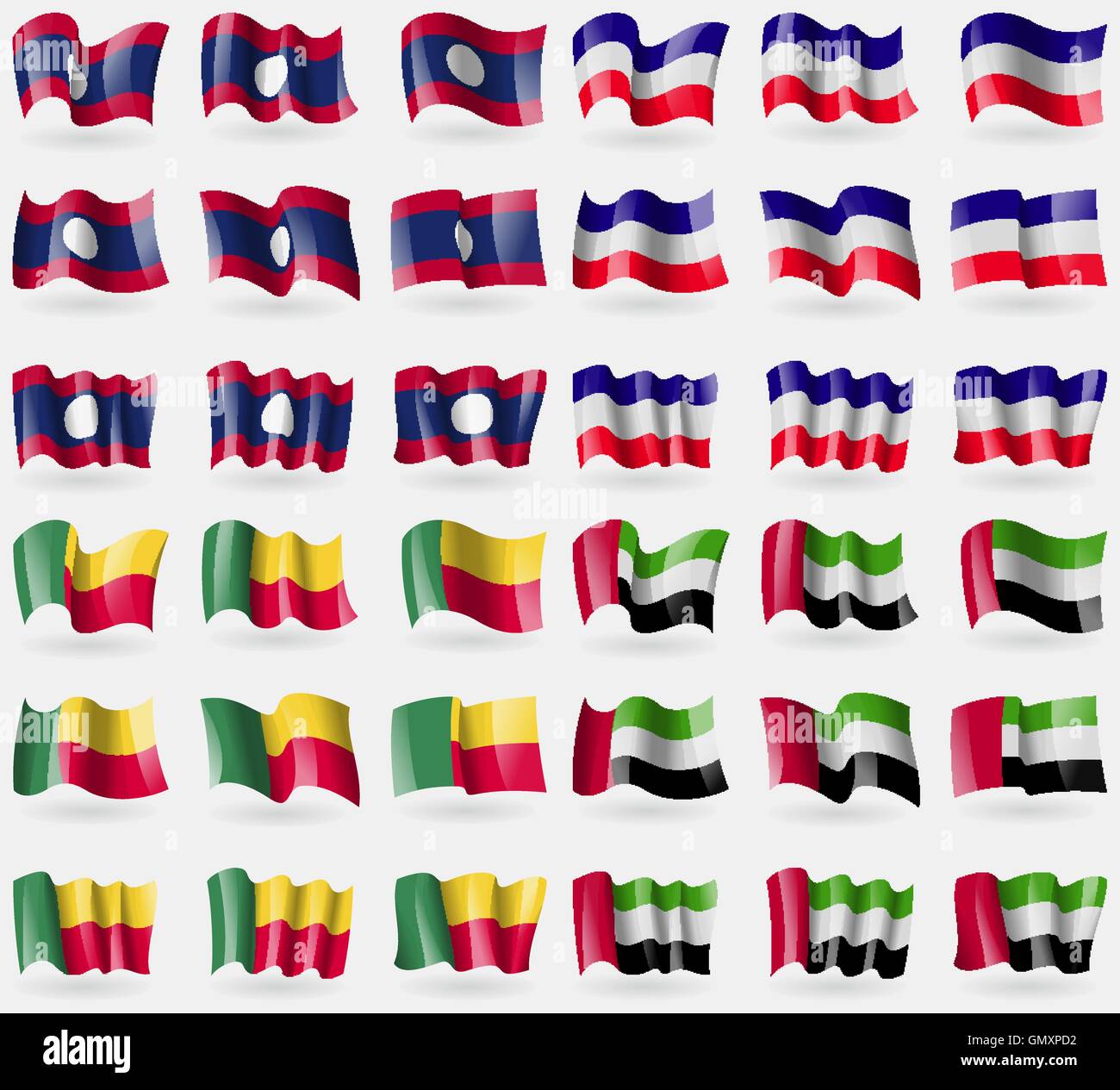 Laos, Los Altos, Benin, Vereinigte Arabische Emirate. Satz von 36 Flaggen der Länder der Welt. Vektor Stock Vektor