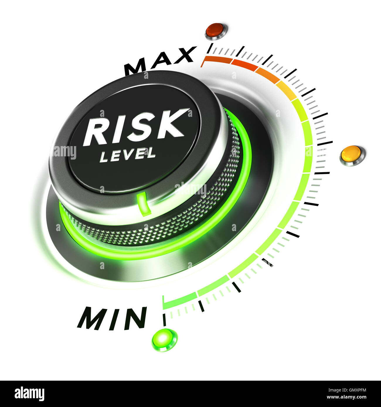 3D Illustration einer Risiko-Level-Regler auf weißem Hintergrund. Konzept der Anlagestrategie. Stockfoto