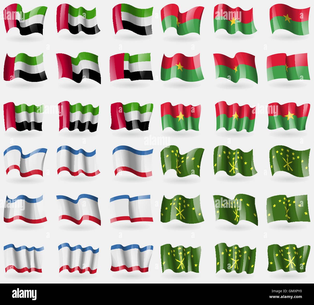 Vereinigte Arabische Emirate, Burkia Faso, Krim, Adygea. Satz von 36 Flaggen der Länder der Welt. Vektor Stock Vektor