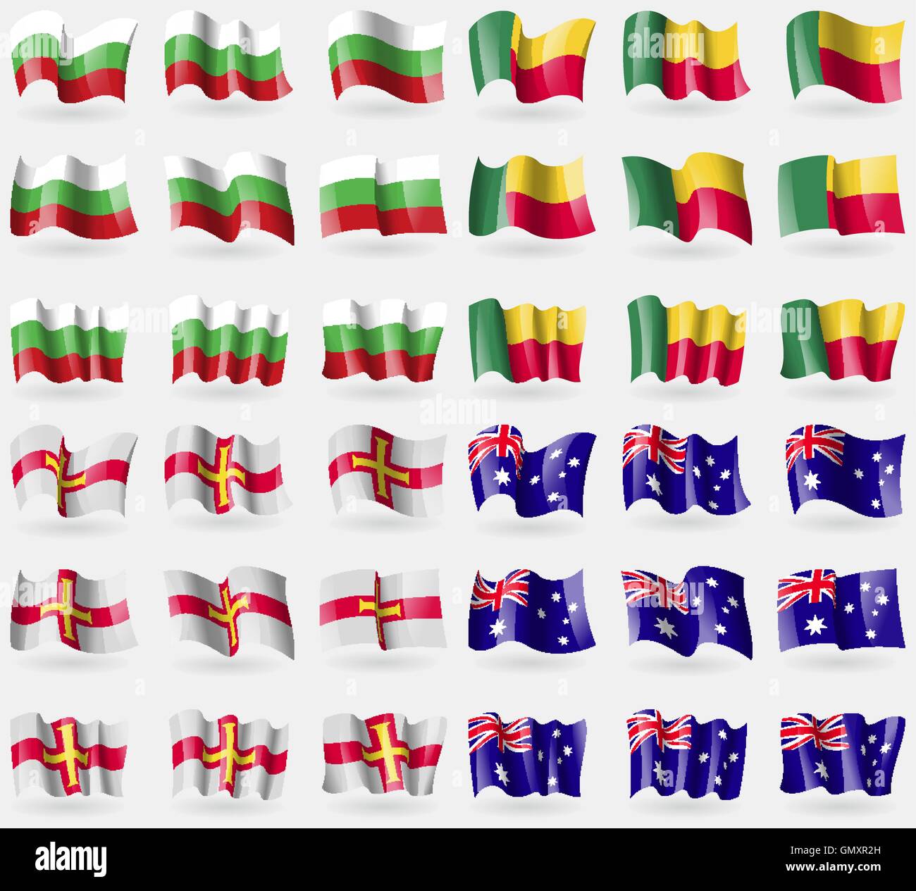 Bulgarien, Benin, Guernnsey, Australien. Satz von 36 Flaggen der Länder der Welt. Vektor Stock Vektor