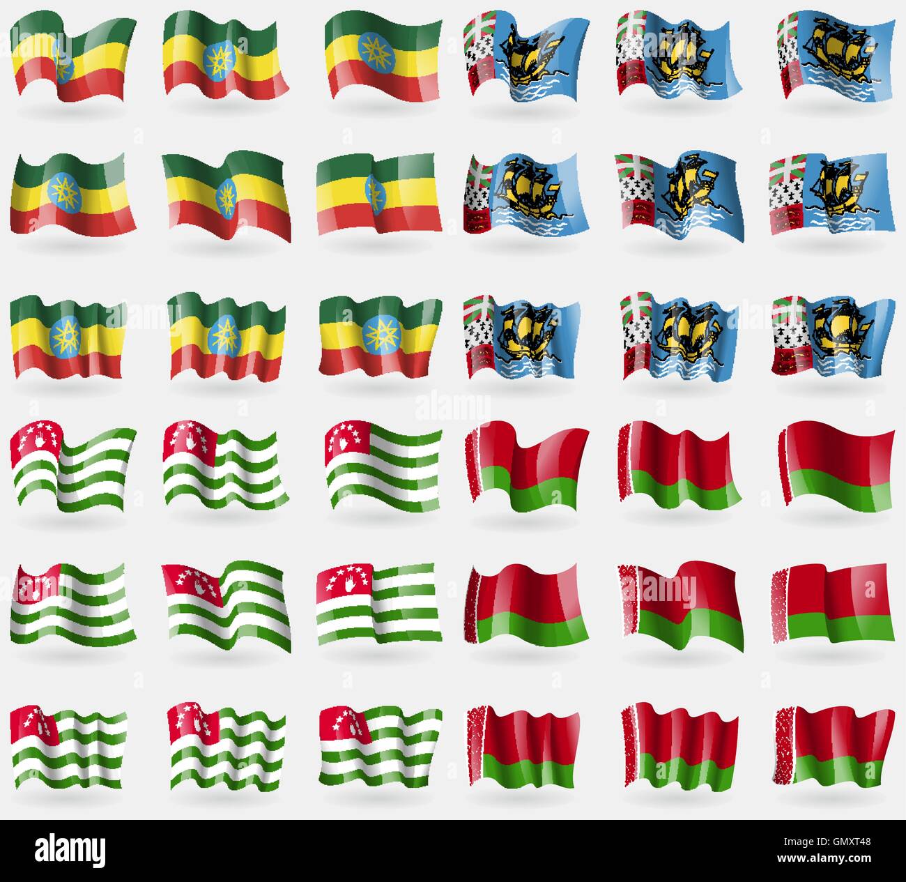 Äthiopien, Saint Pierre und Miquelon, Abchasien, Weißrussland. Satz von 36 Flaggen der Länder der Welt. Vektor Stock Vektor