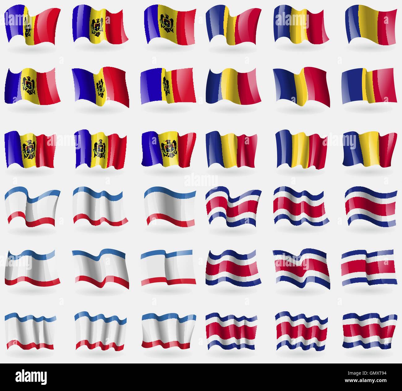 Moldawien, Rumänien, Krim, Costa Rica. Satz von 36 Flaggen der Länder der Welt. Vektor Stock Vektor