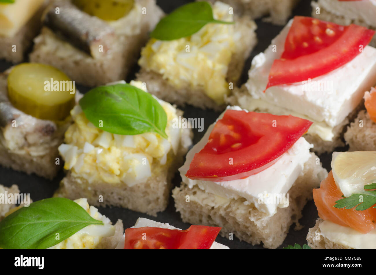 Closeup, gesunde Mini Sandwiches catering buffet Stockfoto