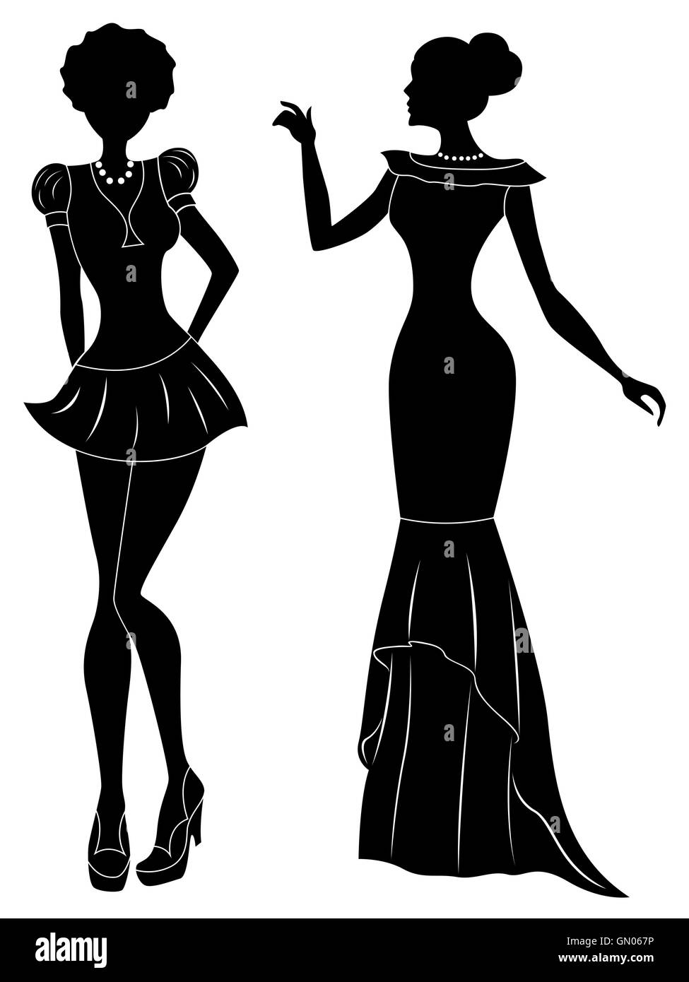 Attraktive anmutigen Damen kurz Klassiker modern und lange Kleider, Handzeichnung stilisierte Vektor schwarze Schablone Silhouetten Stock Vektor
