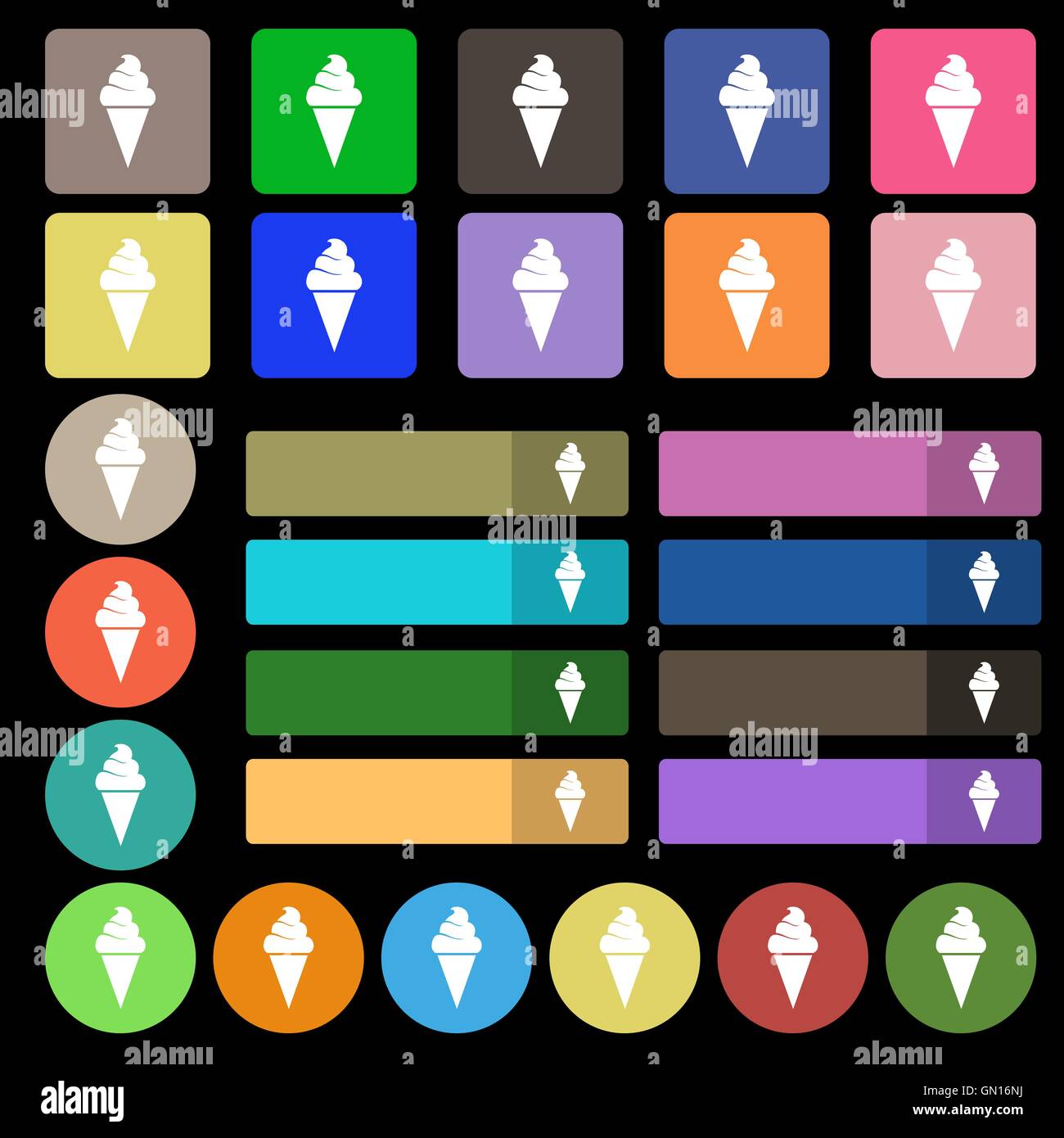 Eis-Symbol Zeichen. Eingestellt von siebenundzwanzig mehrfarbige flache Schaltflächen. Vektor Stock Vektor