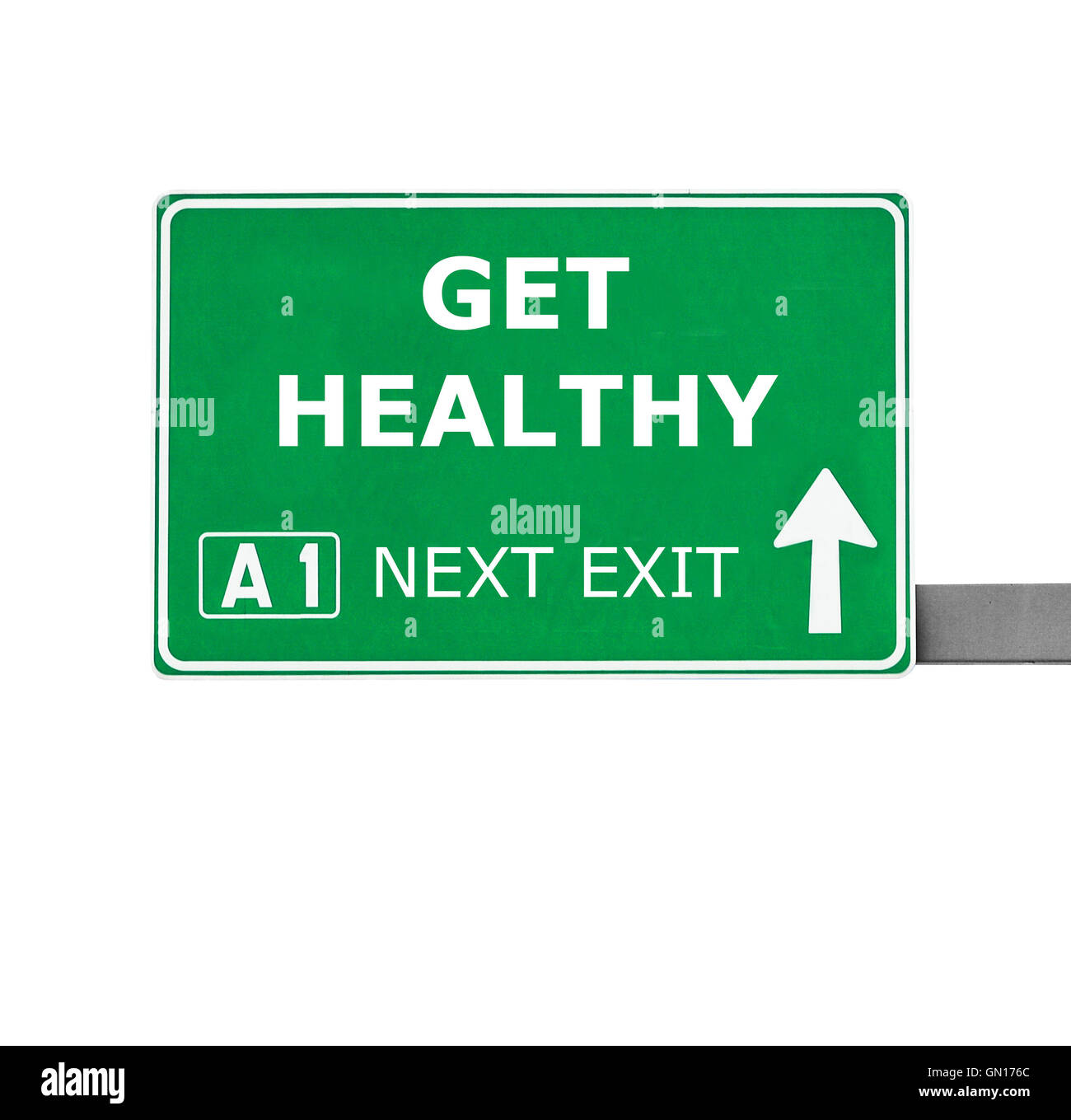 Erhalten Sie gesunde Straßenschild isoliert auf weiss Stockfoto