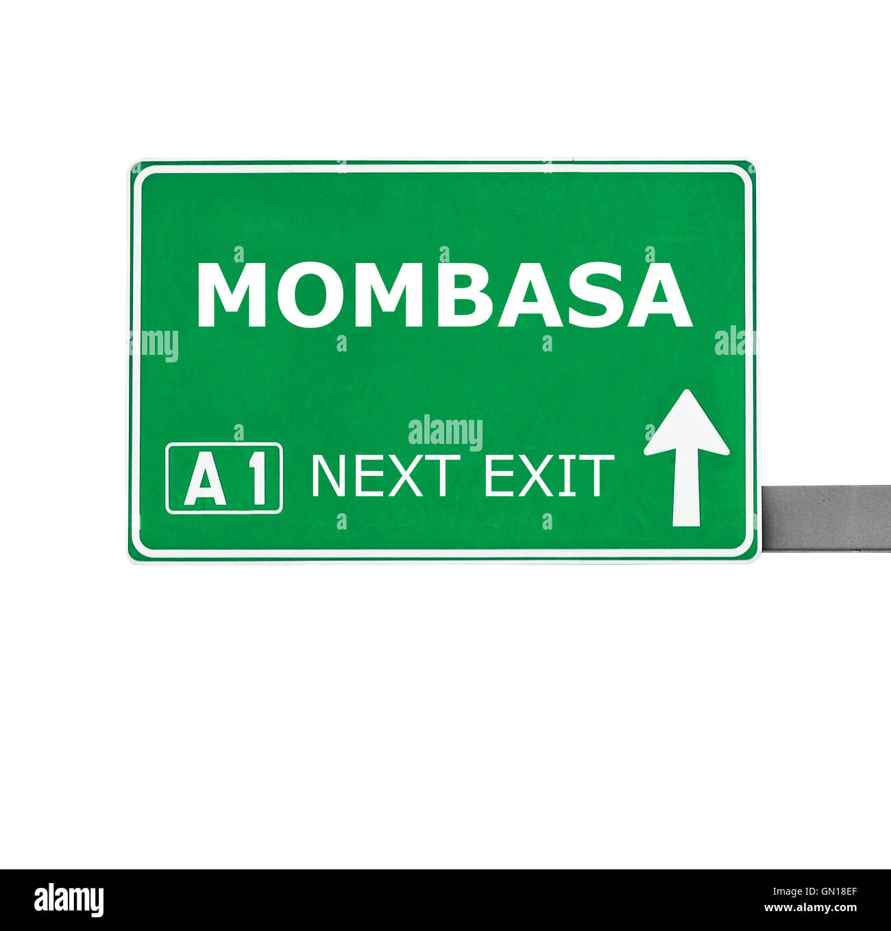 MOMBASA Straßenschild isoliert auf weiss Stockfoto