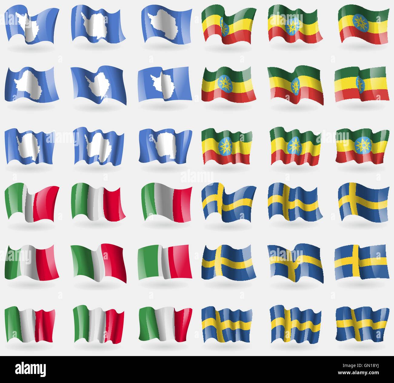 Antarktis, Äthiopien, Italien, Schweden. Satz von 36 Flaggen der Länder der Welt. Vektor Stock Vektor