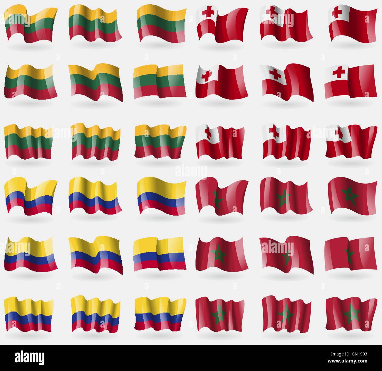 Litauen, Tonga, Kolumbien, Marokko. Satz von 36 Flaggen der Länder der Welt. Vektor Stock Vektor