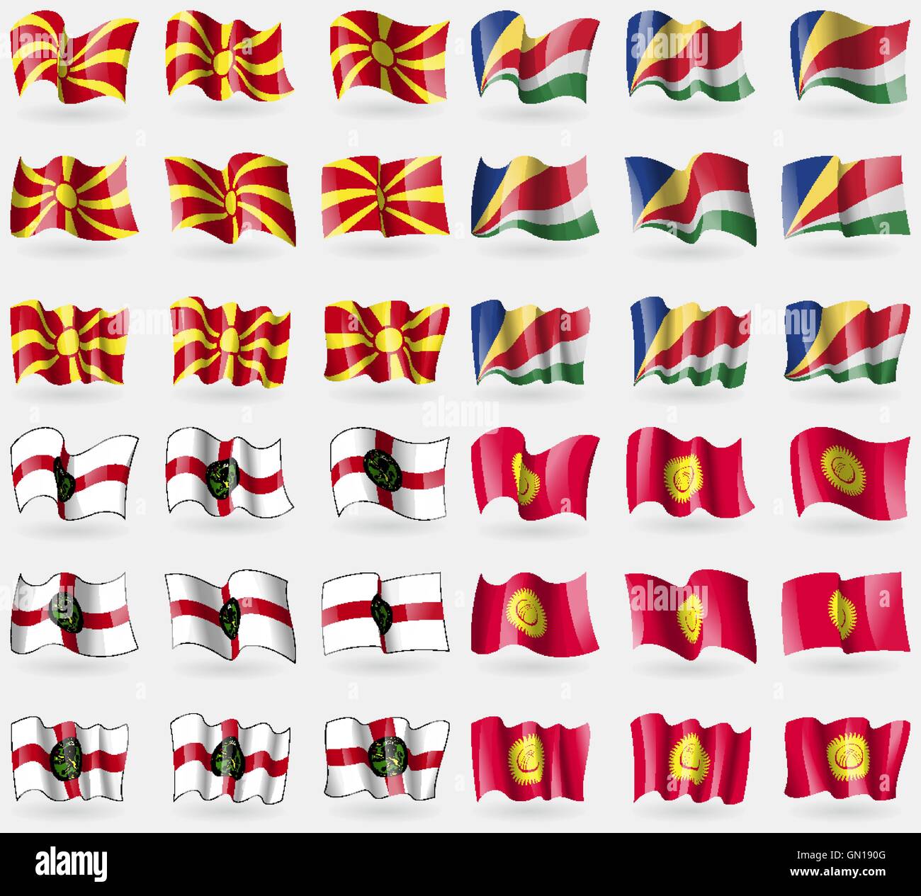 Mazedonien, Seychellen, Alderney, Kirgisistan. Satz von 36 Flaggen der Länder der Welt. Vektor Stock Vektor