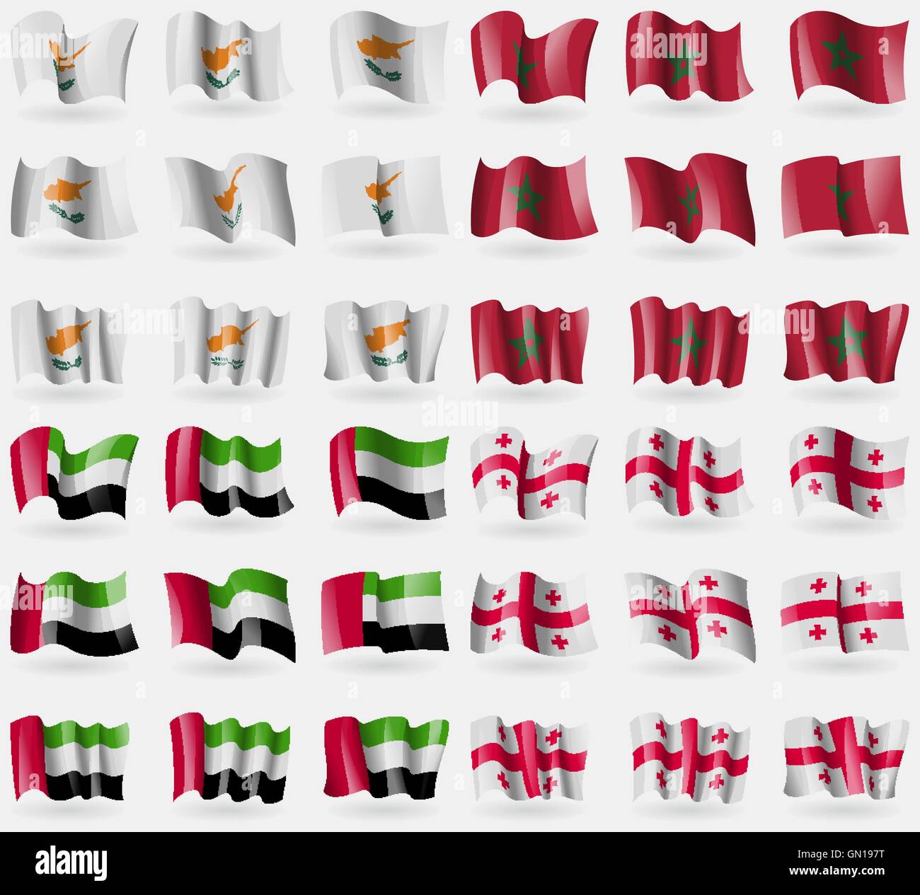 Zypern, Marokko, Vereinigte Arabische Emirate, Georgien. Satz von 36 Flaggen der Länder der Welt. Vektor Stock Vektor