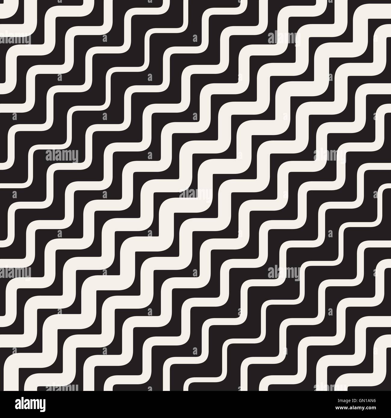Nahtlose schwarz-weiß Vektor gerundet wellig parallele Diagonale Zick-Zack-Linien-Muster Stock Vektor