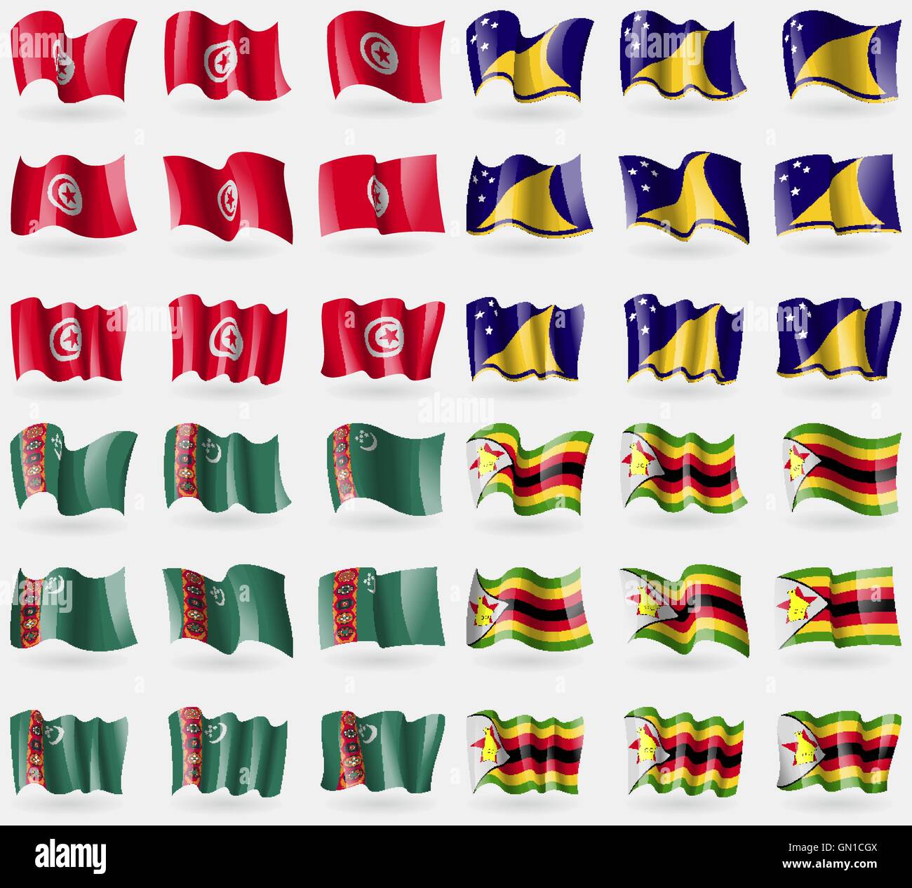 Tunusia, Tokelau, Turkmenistan, Simbabwe. Satz von 36 Flaggen der Länder der Welt. Vektor Stock Vektor