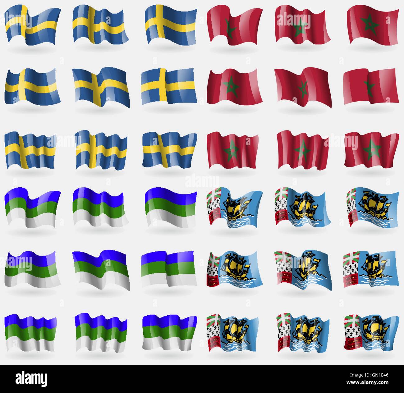 Schweden, Marokko, Komi, Saint Pierre und Miquelon. Satz von 36 Flaggen der Länder der Welt. Vektor Stock Vektor