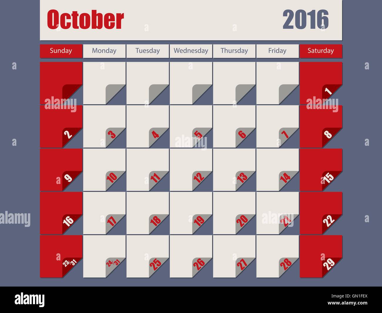 Grau-rot gefärbten Oktober Kalender 2016 Stock Vektor