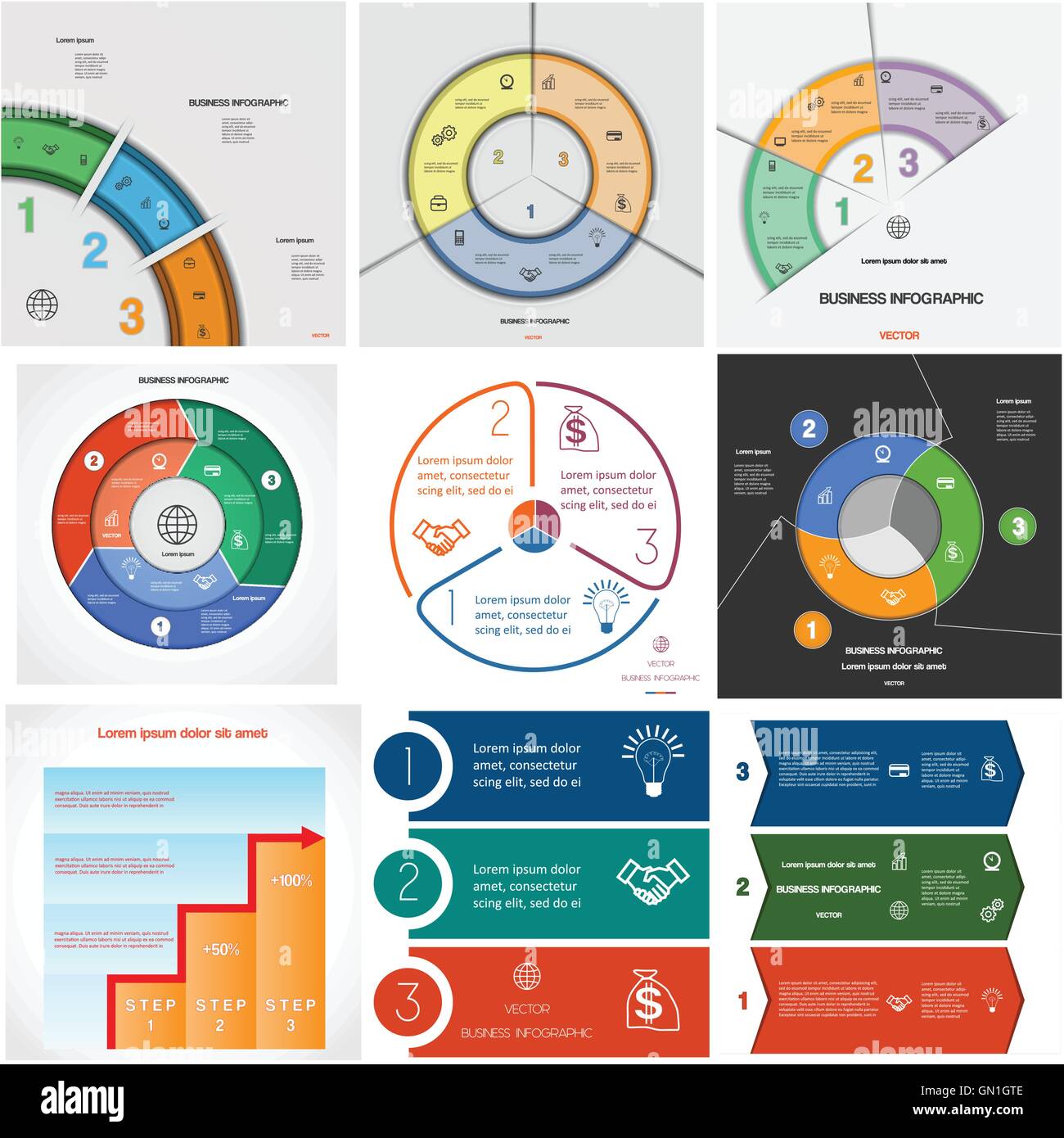 9 Vorlagen, Infografiken für konzeptionelle zyklische Geschäftsprozesse aus drei Positionen einstellen Stock Vektor