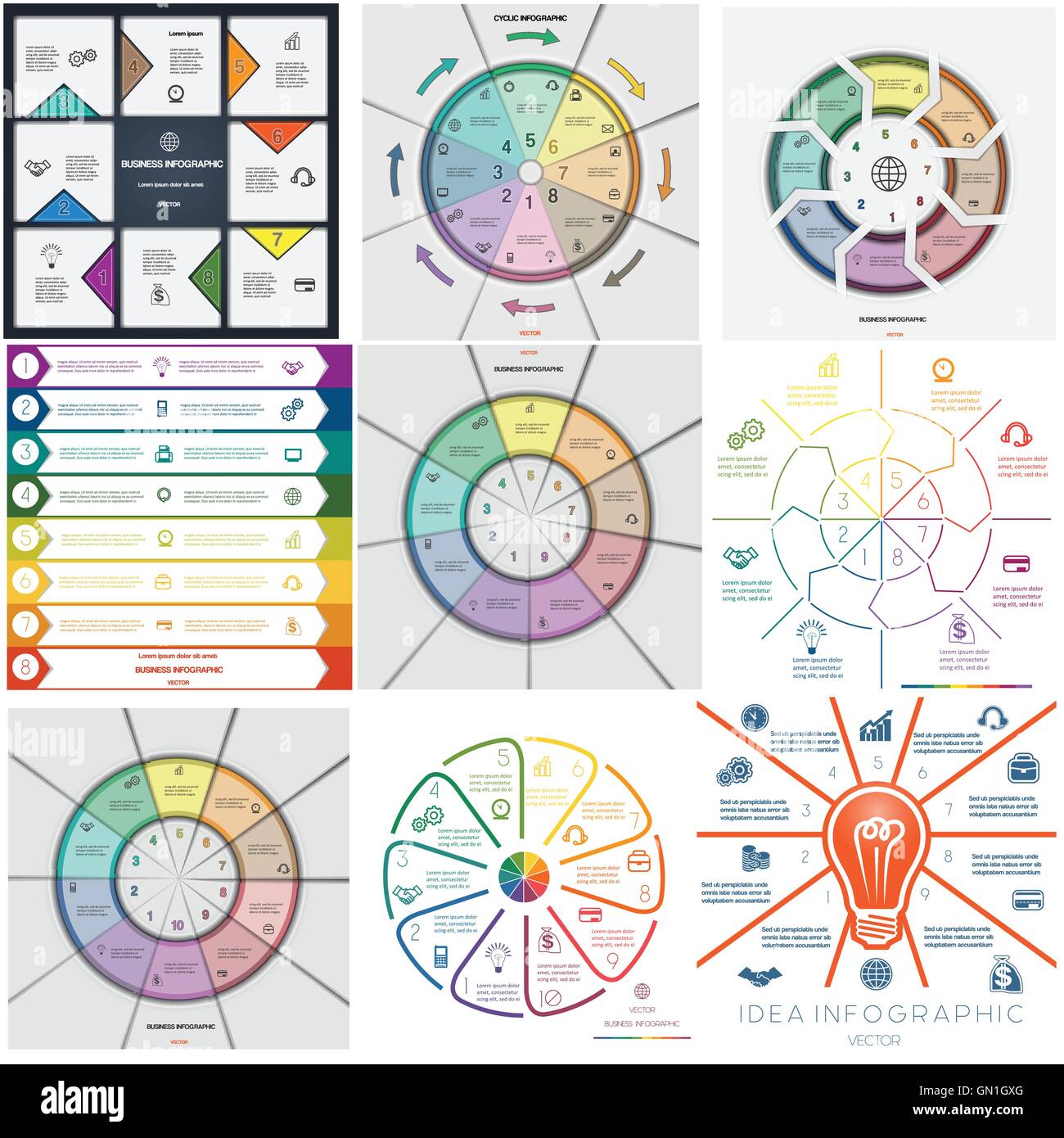 Festlegen Sie 9 Vorlagen. Infografiken für konzeptionelle zyklische Geschäftsprozesse auf acht, neun, zehn Positionen Stock Vektor