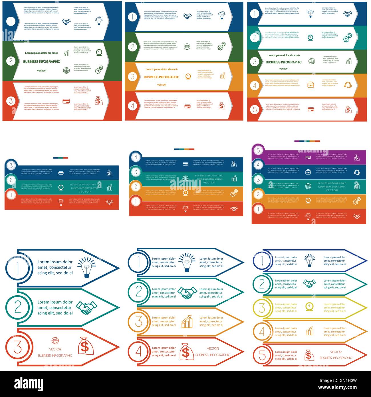 Infografiken zyklischen Prozesse, 9 Vorlagen, Geschäftskonzept, bunte Streifen auf drei, vier, fünf Optionen Stock Vektor