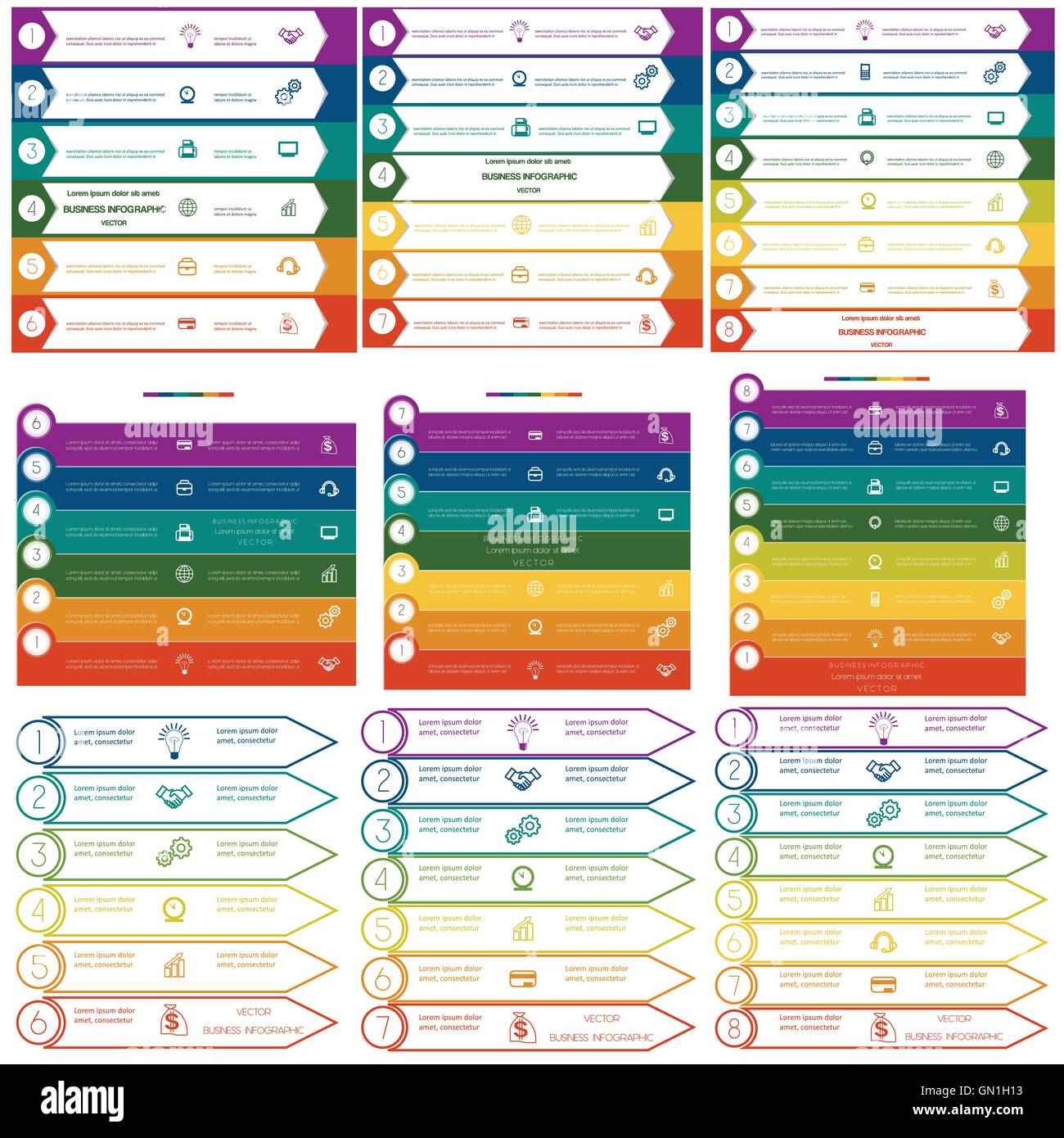 Infografiken zyklischen Prozesse, 9 Vorlagen, Geschäftskonzept, bunte Streifen auf sechs, sieben, acht Optionen Stock Vektor