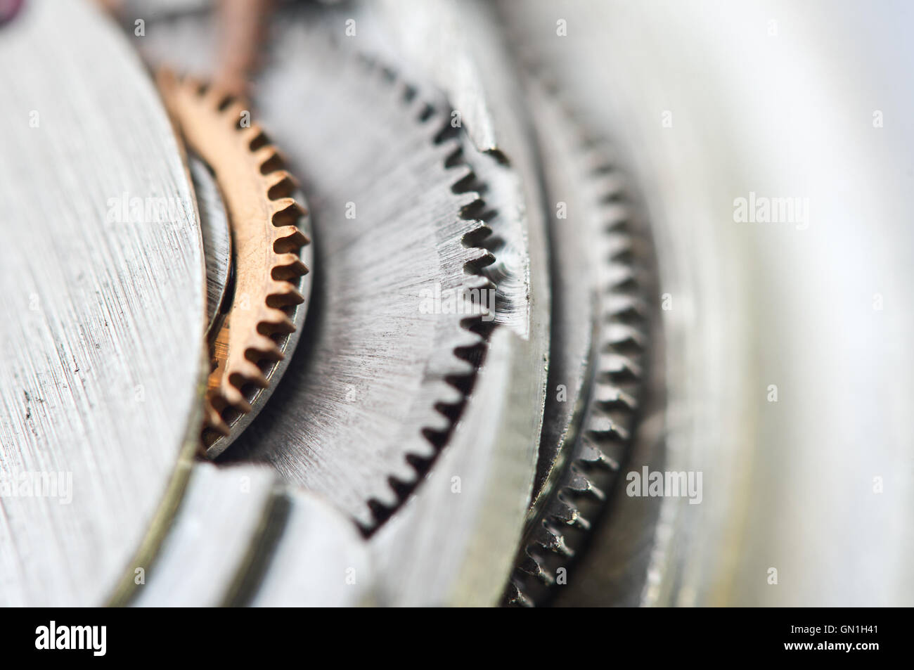 Makro, Hintergrund mit Metall Zahnräder ein Uhrwerk. Konzeptionelle Foto für Ihr erfolgreiches Business-design Stockfoto