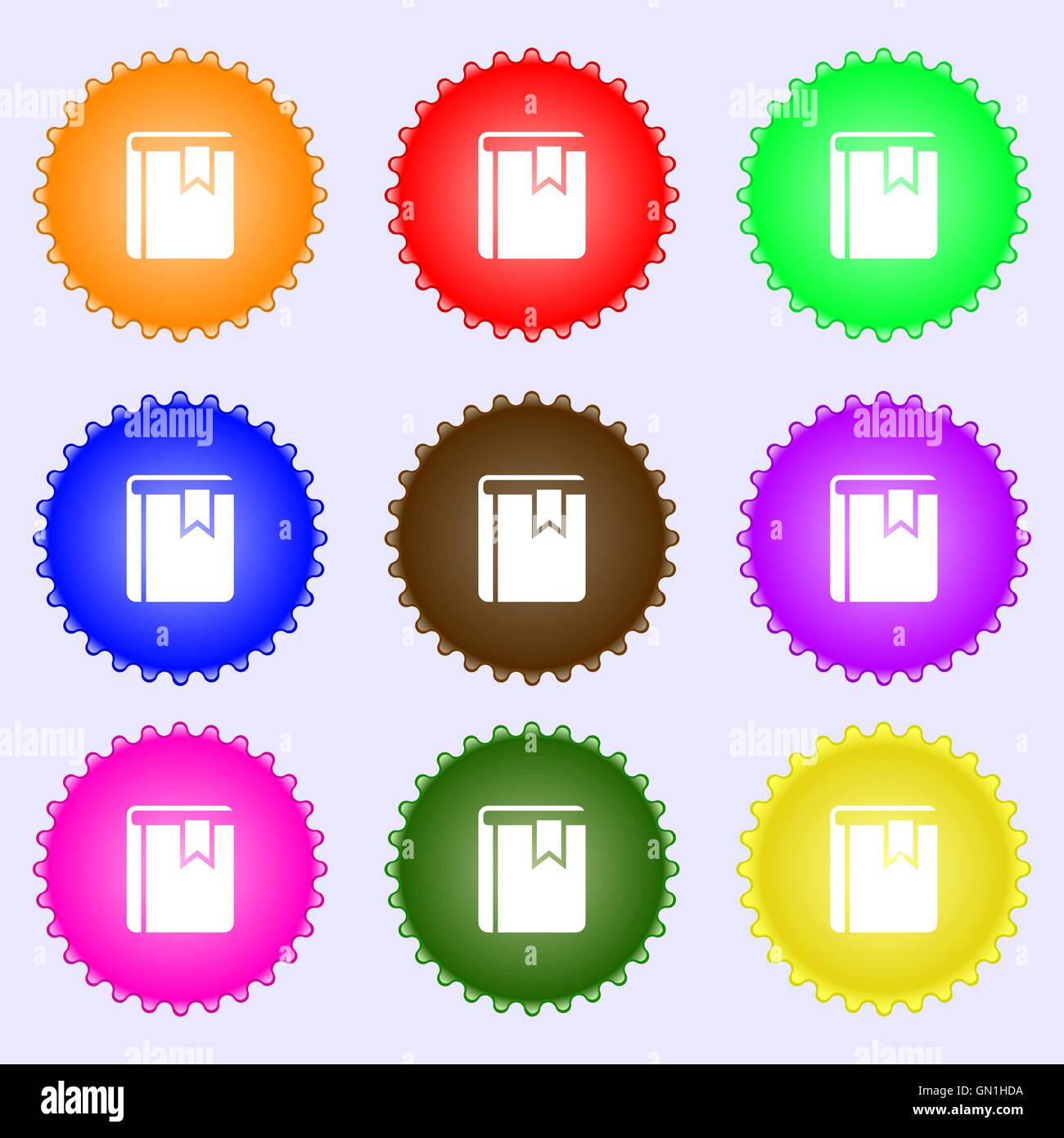 Buchen Sie Lesezeichen Symbol Zeichen. Eine Reihe von neun verschiedenen farbigen Etiketten. Vektor Stock Vektor