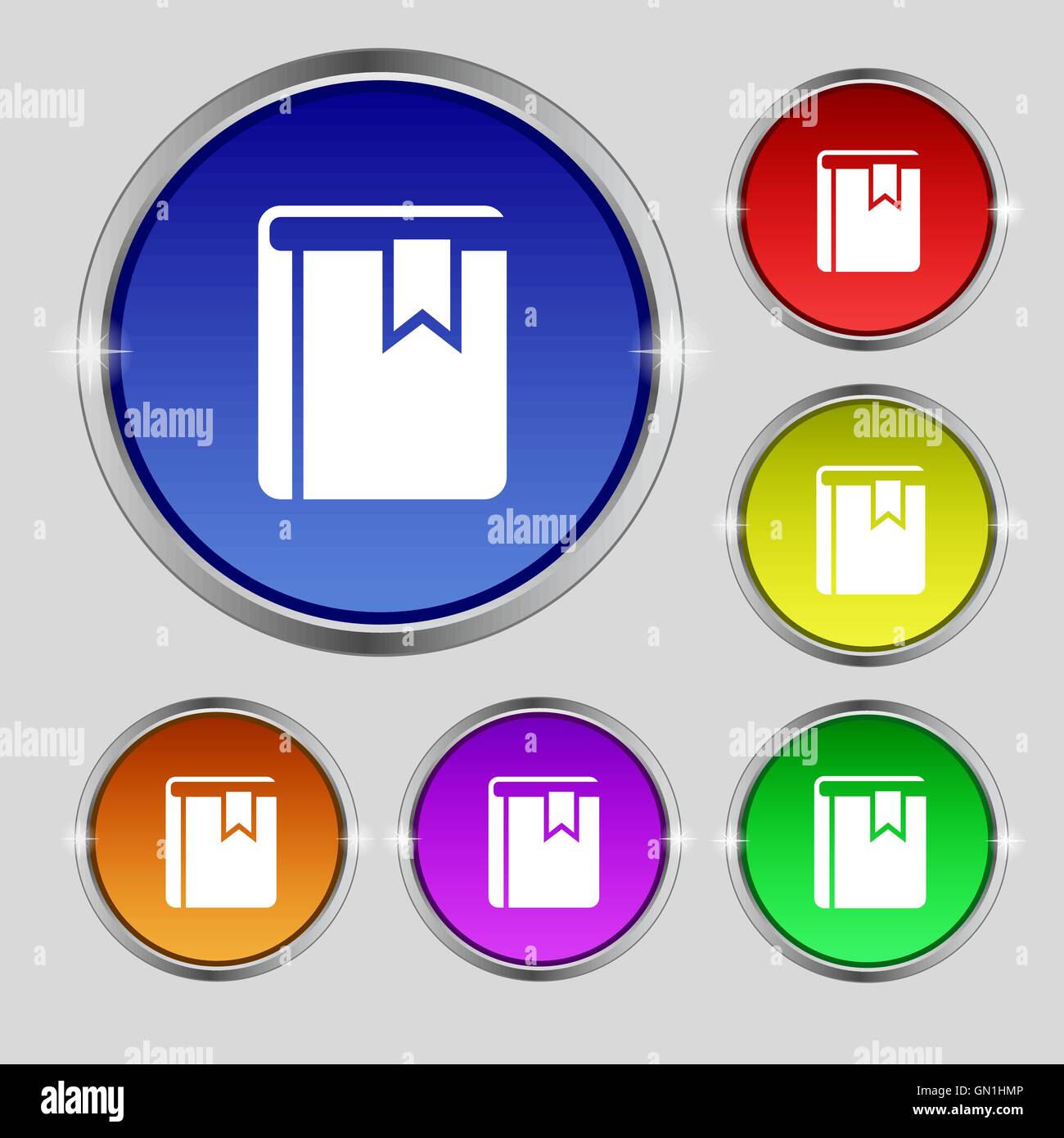 Buchen Sie Lesezeichen Symbol Zeichen. Rundes Symbol auf hellen bunten Knöpfen. Vektor Stock Vektor