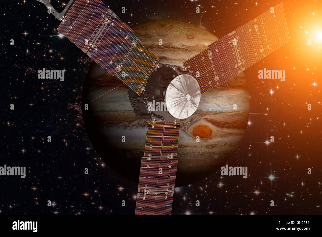 Raumsonde Juno und Jupiter. Elemente des Bildes von der NASA eingerichtet. Stockfoto