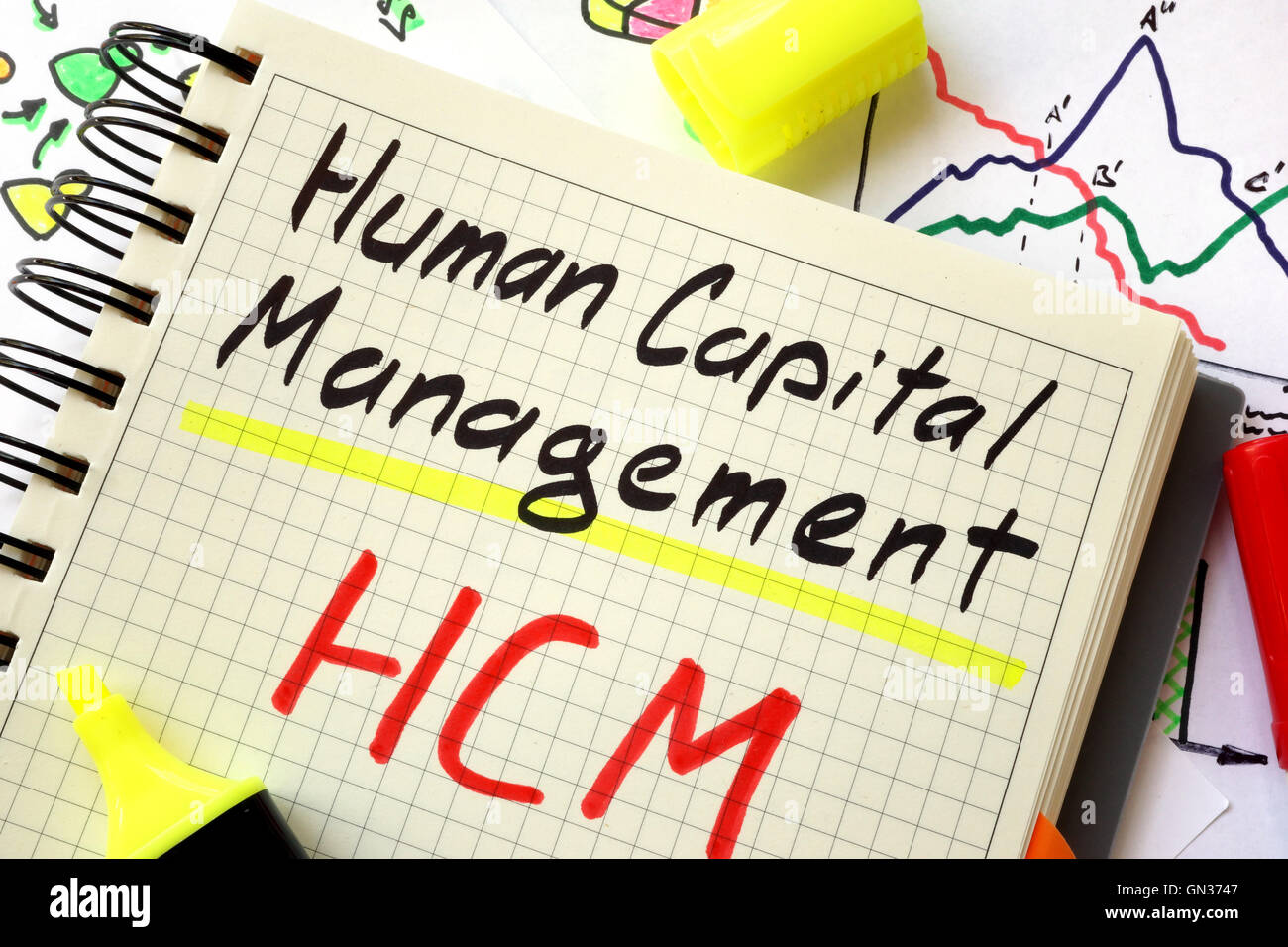 Personalmanagement HCM auf einer Seite des Notizbuches zu unterzeichnen. Stockfoto