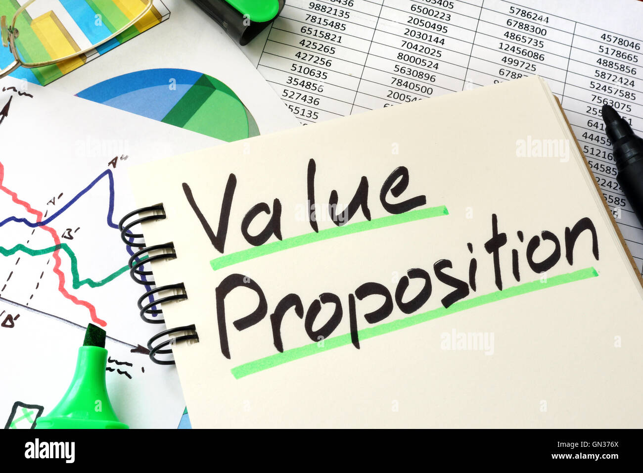 Value Proposition auf ein Notepad-Blatt geschrieben. Stockfoto