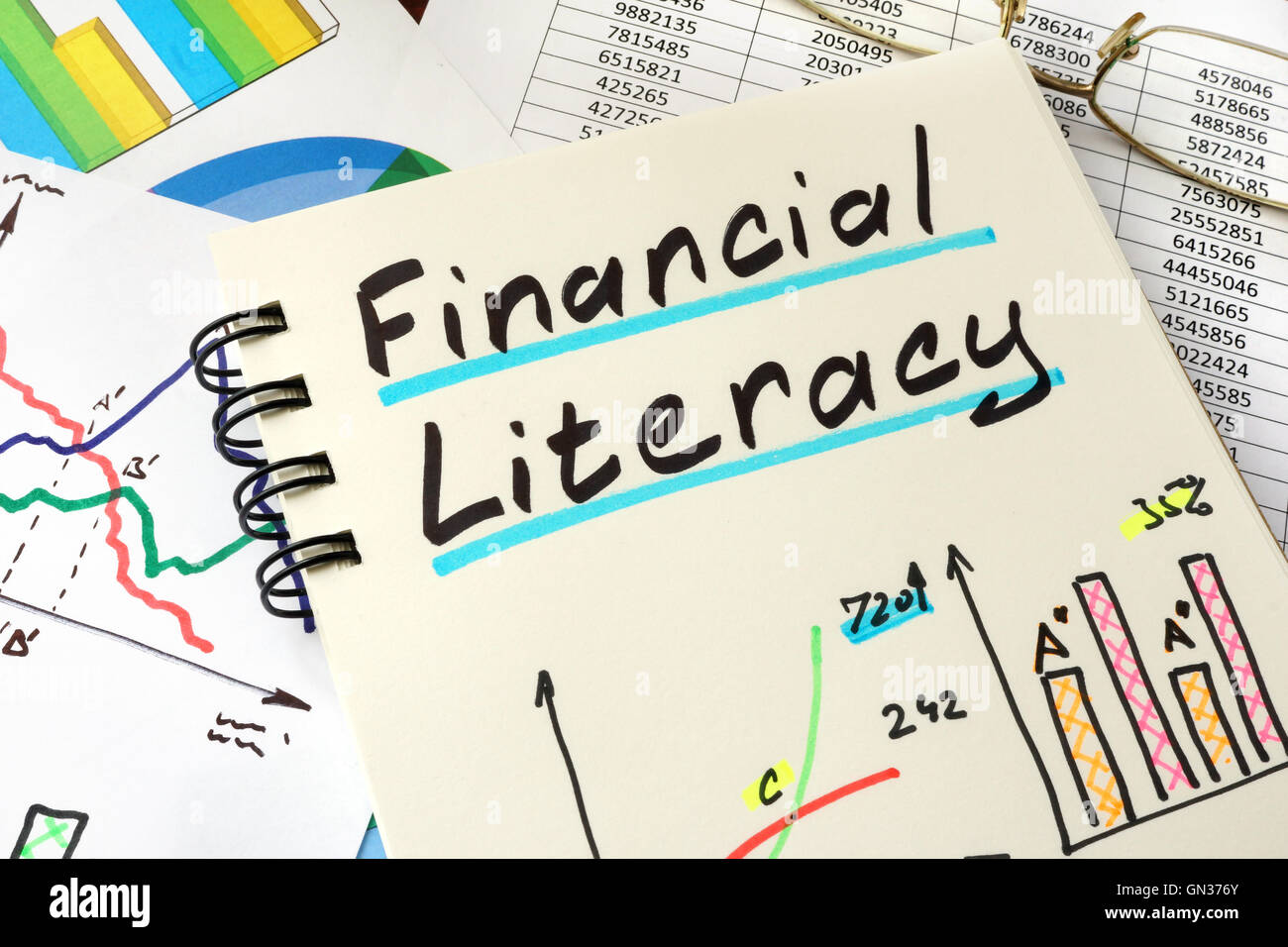 Finanzielle Allgemeinbildung auf ein Notepad-Blatt geschrieben. Bildungskonzept. Stockfoto