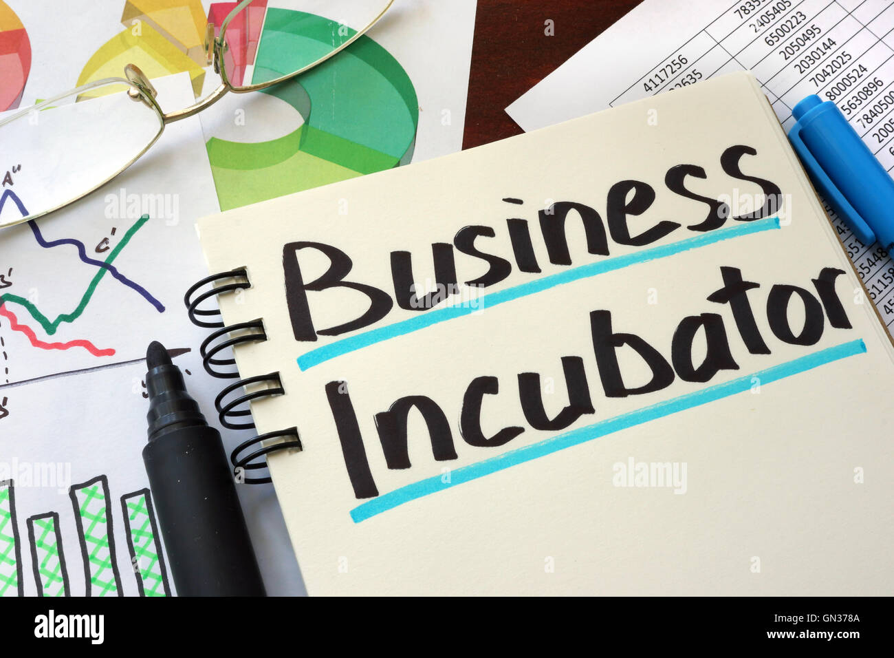 Business-Inkubator auf einem Notizblock mit Marker geschrieben. Stockfoto