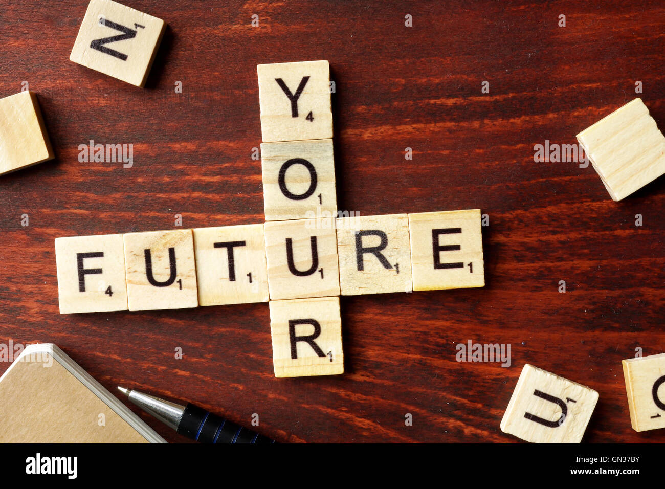 Your Future Worte aus Holzblöcken mit Buchstaben. Stockfoto