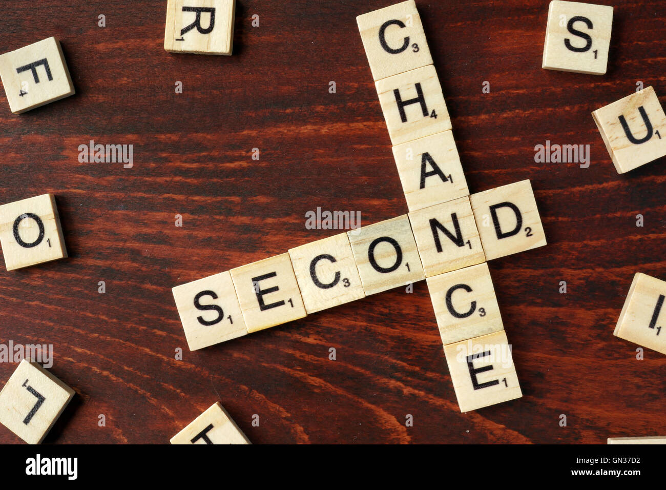 Zweite Chance Worte aus Holzblöcken mit Buchstaben. Stockfoto