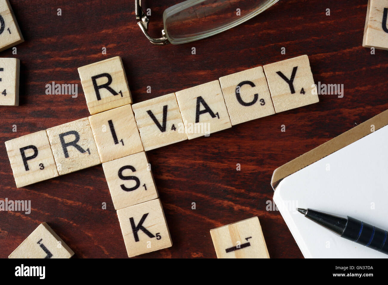 Datenschutz-Risiko Worte aus Holzblöcken mit Buchstaben. Stockfoto